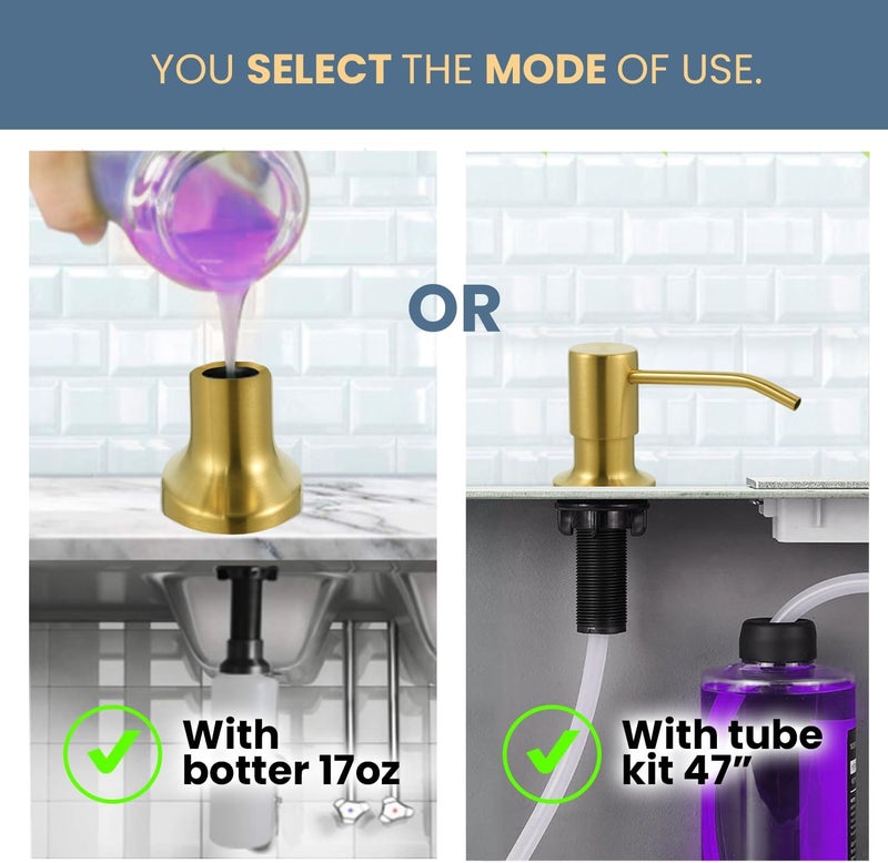 Sben Built-in Kitchen Sink Soap Dispenser – Stainless Steel Pump, 17 oz Bottle and Extension Tube Kit 47", Upgraded Metal Check Valve, Countertop Hand Soap & Lotion Dispenser (Gold Brushed) - Image 2